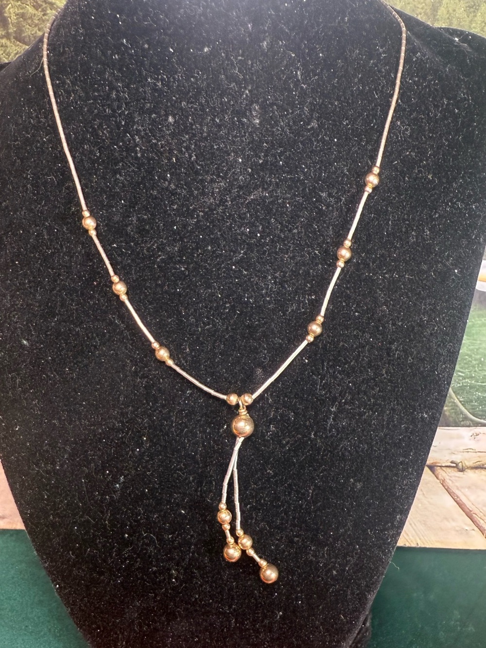 Source Unknown Gold Bead Lariat Necklace with Tassel Drop